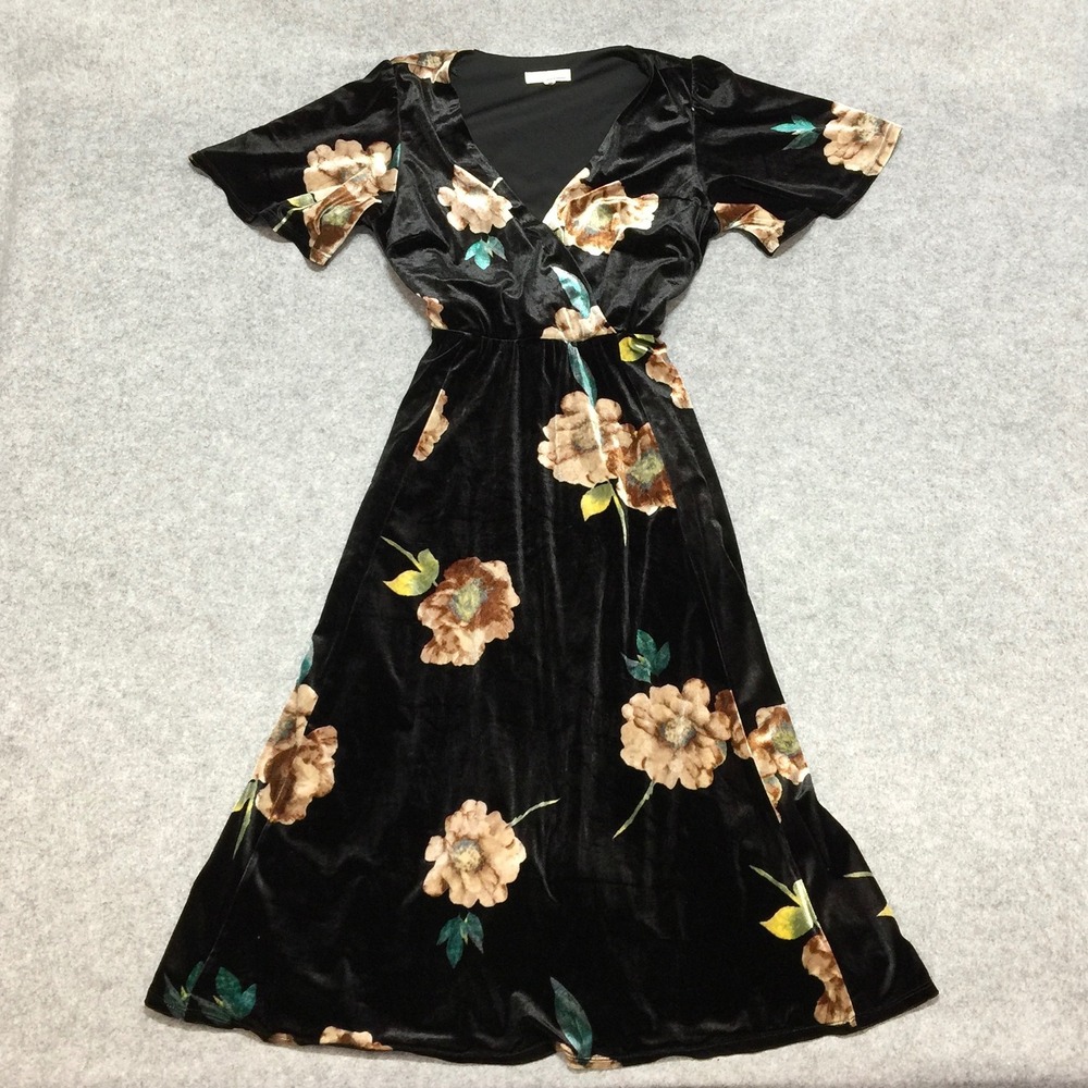 June & Hudson Black Floral Velvet Wrap‎ Midi Dress XL Short Sleeve - Picture 2 of 8